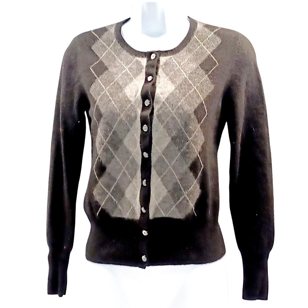 Argyle Cashmere Apt. 9 Cardigan Sweater Black/Gray Button Womens SZ Small